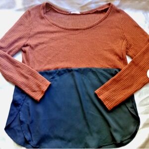 Jella C. Womens semi-sheer knit cropped sweater/shirt combo top brown/black szM